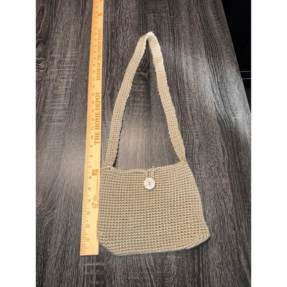 Handmade Crochet Shoulder Bag Tan Beige Button Closure Boho Small Purse - Picture 2 of 5